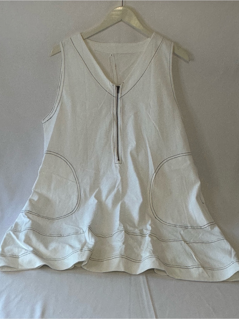 White Sleeveless Zip Front A-Line Dress with Contrast Stitching